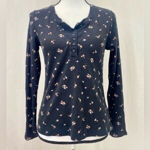 Lucky Brand Long Sleeve Ribbed Snap Henley Black floral Y2K Elana Gilbert Small